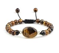 Gualiy Natural Stone Bracelet, 6MM Tiger's Eye Bracelet with Oval Charm for Women Men Adjustable 17-28CM