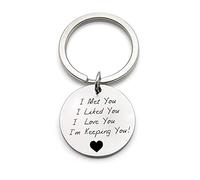Gualiy Personalised Inspirational Keychains for Mens and Womens, Titanium Steel Key Ring Key Chain, Silver Round Dog Tag I met You I Liked You I Love You I`m Keeping You Keychain, Round