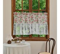 Gualiy Small Window Curtains, Farmhouse Cafe Curtains for Kitchen Windows Flower Leaf Print Lace Patchwork, Pink Green White, W 55" x L 28", 1 Panel