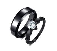 Gualiy Stainless Steel Rings Wedding Sets | Wedding Couples Rings Black Ring 6MM Heart Cubic Zirconia Couple Rings for Him and Her Women Size R 1/2 & Men Size T 1/2
