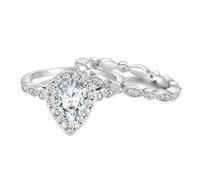 Gualiy Sterling Silver Engagement Ring, Silver 2 Ring Set 6x9mm 1.5ct Teardrop Cubic Zirconia Promise Band Rings for Women Size L 1/2