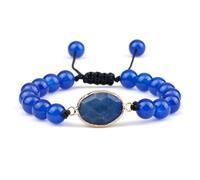 Gualiy Stone Bracelet, 8MM Dark Blue Lapis Lazuli Bracelet with Oval Charm for Women Men Adjustable 17-28CM