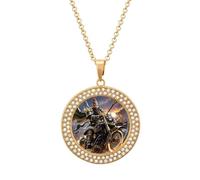Guan Yu Rides A Motorcycle Diamond Necklace for Women Girlfriend Mom 20" Cable Chain Round Pendant Necklace Memorial Couple Friendship Jewelry Birthday Anniversary Wedding Keepsake Romantic Gifts, One