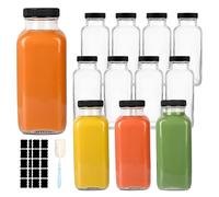 GUANENA 12 Pack Glass Drink Bottles, 12 OZ Vintage Square Water Bottles with Lids, Juice Bottles Beverages Containers for Milk, Kombucha, Smoothies