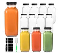 GUANENA 12 Pack Glass Drink Bottles, 16 oz Square, Reusable, BPA Free, Wide Mouth, Beverage Storage and Serving