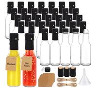 GUANENA 35 Pack 3oz Hot Sauce Bottles, Clear Glass Woozy Bottles with Leak Proof Black Screw Caps, Dripper Inserts and Shrink Capsules, Empty Small Wine Bottles with Labels (Bonus Funnel and Twine)