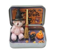 Guangcailun Miniature Witcher With Broom Pumpkin Cat Cute Little Bear In Box With Hat Mini Witcher Teddy In Box, pink