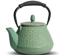 GUANGHEIRON Cast Iron Teapot, 32oz Tea Kettle with Infuser for Stove Top, Sakura Blossom Pattern Japanese Tea Pot for Tea & Coffee Coated with Enameled Interior, Silicone Handle 950ml Green