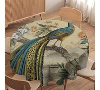 Guangpat Chinoiserie Peacock Bird Floral Round Tablecloth Yellow Grey Asian Table Cloth 36x36in Table Cover Outdoor Washable Polyester Table Decor for Kitchen Dinning Table