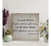 Guangpat Rustic Bible Verse Wood Signs But Seek First His Kingdom Matthew 6:33 Wall Art Ancient Retro Scripture Wood Plaque Wall Decor for Home Man Cave Gate Garden Bars Cafes 8x8in