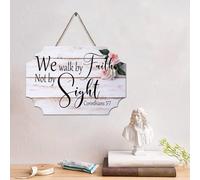 Guangpat We Walk by Faith Not by Sight Corinthians 5:7 Funny Scripture Wood Plaque Christian Wall Art Rustic Wall Decorations for Living Room Kitchen Wall Sign Housewarming Gift 4x6in