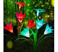 GUANSHAN 2 PC Outdoor Solar Lights, Lily Solar Flower Lights, Led Solar Lawn Light with Butterfly, 7 Color Light Changing, Perfect for Garden, Yard, Patio, Walkway (Red + White)