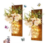 GUANSHAN 2PCS Mason Jar Wall Lights, LED Strip Lights with Artificial Flower and Wood Board Rustic Wall Sconces Hanging Lantern for Bedroom, Garden, Wall Decor