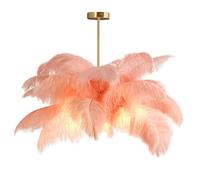GUANSHAN Creative Flesh Pink Ostrich Feather Ceiling Lamp, Romantic and Aesthetic Feather Chandelier Pendant Lamp with Golden Base for Bedroom, Living Room, Corridor