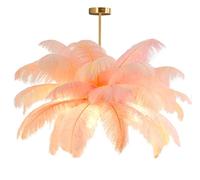 GUANSHAN Creative Flesh Pink Ostrich Feather Ceiling Lamp, Romantic and Aesthetic Feather Chandelier Pendant Lamp with Golden Base for Bedroom, Living Room, Corridor