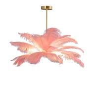 GUANSHAN Creative Flesh Pink Ostrich Feather Ceiling Lamp, Romantic and Aesthetic Feather Chandelier Pendant Lamp with Golden Base for Bedroom, Living Room, Corridor