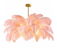 GUANSHAN Creative Flesh Pink Ostrich Feather Ceiling Lamp, Romantic and Aesthetic Feather Chandelier Pendant Lamp with Golden Base for Bedroom, Living Room, Corridor