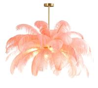 GUANSHAN Creative Flesh Pink Ostrich Feather Ceiling Lamp, Romantic and Aesthetic Feather Chandelier Pendant Lamp with Golden Base for Bedroom, Living Room, Corridor