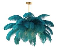 GUANSHAN Creative Peacock Blue Ostrich Feather Ceiling Lamp, Romantic and Aesthetic Feather Chandelier Pendant Lamp with Golden Base for Bedroom, Living Room, Corridor