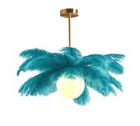 GUANSHAN Creative Peacock Blue Ostrich Feather Ceiling Lamp, Romantic and Aesthetic Feather Chandelier Pendant Lamp with Golden Base for Bedroom, Living Room, Corridor