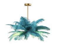 GUANSHAN Creative Peacock Blue Ostrich Feather Ceiling Lamp, Romantic and Aesthetic Feather Chandelier Pendant Lamp with Golden Base for Bedroom, Living Room, Corridor