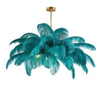 GUANSHAN Creative Peacock Blue Ostrich Feather Ceiling Lamp, Romantic and Aesthetic Feather Chandelier Pendant Lamp with Golden Base for Bedroom, Living Room, Corridor