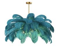 GUANSHAN Creative Peacock Blue Ostrich Feather Ceiling Lamp, Romantic and Aesthetic Feather Chandelier Pendant Lamp with Golden Base for Bedroom, Living Room, Corridor