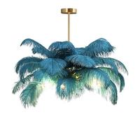 GUANSHAN Creative Peacock Blue Ostrich Feather Ceiling Lamp, Romantic and Aesthetic Feather Chandelier Pendant Lamp with Golden Base for Bedroom, Living Room, Corridor