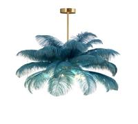GUANSHAN Creative Peacock Blue Ostrich Feather Ceiling Lamp, Romantic and Aesthetic Feather Chandelier Pendant Lamp with Golden Base for Bedroom, Living Room, Corridor