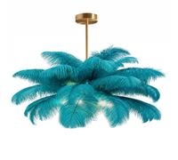 GUANSHAN Creative Peacock Blue Ostrich Feather Ceiling Lamp, Romantic and Aesthetic Feather Chandelier Pendant Lamp with Golden Base for Bedroom, Living Room, Corridor