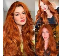 GUANSHAN Orange Red Long Curly Wig Big Wave Lace Front Wigs Synthetic Front Lace Wigs Heat Resistant Hair with Baby Hair for Women, 26 Inch