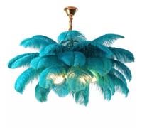GUANSHAN Peacock Blue Ostrich Feather Pendent Light French Elegance Ceiling Light Feather Lampshade Chandelier with Glass lampshade Ceiling Lamp for Bedroom, Living Room