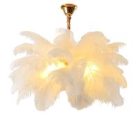 GUANSHAN White Ostrich Feather Pendent Light French Elegance Ceiling Light Feather Lampshade Chandelier with Glass lampshade Ceiling Lamp for Bedroom, Living Room