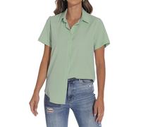 GUANYY Women's Short Sleeve Button Down Shirt Womens Shirts Dressy Casual Business Work Blouses V Neck Collared Tops, Light Green, M