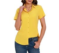 GUANYY Women's Short Sleeve Button Down Shirt Womens Shirts Dressy Casual Business Work Blouses V Neck Collared Tops, Yellow, XXL