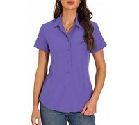 GUANYY Women's Short Sleeve Button Down Shirt Womens Shirts Dressy Casual Business Work Blouses V Neck Collared Tops, Purple, XL