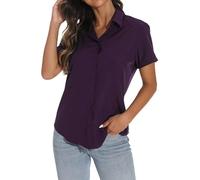 GUANYY Women's Short Sleeve Button Down Shirt Womens Shirts Dressy Casual Business Work Blouses V Neck Collared Tops, Dark Purple, XXL