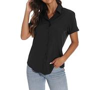 GUANYY Womens Short Sleeve Button Down Shirts Business Collar Blouse Basic Simple Dress Shirt, Black, Size XL