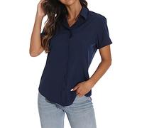 GUANYY Womens Short Sleeve Button Down Shirts Business Collar Blouse Basic Simple Dress Shirt, Dark Blue, Size S