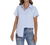 GUANYY Womens Short Sleeve Button Down Shirts Business Collar Blouse Basic Simple Dress Shirt Light Blue Size M (AGY2207_LBL_M)
