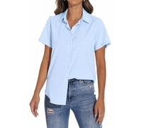 GUANYY Womens Short Sleeve Button Down Shirts Business Collar Blouse Basic Simple Dress Shirt Light Blue Size XXL (AGY2207_LBL_XXL)