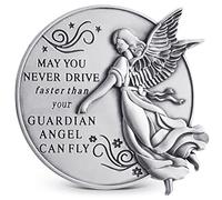 Guardian Angel Visor Clip For Car: 2-1/4 Inch Diameter Metal, Reads MAY YOU NEVER DRIVE FASTER THAN YOUR GUARDIAN ANGEL CAN FLY, Best Parents Gift Idea for New Driver & Loved Ones Cars (1)