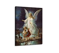 Guardian Angel Wall Art Angel Protecting Children on Bridge Wall Decor Framed Canvas Print Picture Guardian Angel Poster HD Painting for Gift Room Home Ready to Hang(12''Wx16''H)