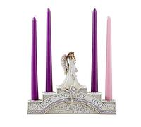 Guardian Angel with Baby Jesus Advent Candle Holder White & Silver Tiered Tabletop Figurine, Inspirational Base Inscription, Countdown to Christmas Centerpiece for 4 Candles