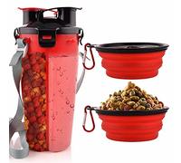 Guardians Dog Travel Water Bottle Collapsible Bowls, 2 in 1 Pet Food Container with Collapse Bowls, Outdoor Portable Water Bowls for Walking, Traveling, Camping and Hiking (Red)