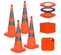 GUARDLEAD 4-Pack 70cm (28 Inch) Traffic Cones with LED Lights, Windproof Collapsible Road Cones, Heavy Duty Base 1.8kg Per Cone, Pop Up Reflective Hazard Cones for Car Breakdown Emergency (4, 28'')