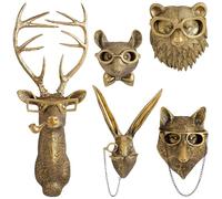 GUASDIE Animal Heads Wall Decor, Faux Deer Head Mount, Animal Sculptures Wall Decor, Resin Animal Head Wall Hanging Decoration for Living Room Bedroom Kitchen Gift,5pcs