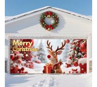 GUASDIE Christmas Garage Door Banner - Merry Christmas Decorations Door Cover with Fun Santa & Winter Snowman for Indoor/Outdoor Xmas New Year Photo Moments,Reindeer 7 x 16 ft