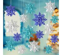 GuassLee Christmas Hanging Snowflakes Decorations, 15pcs 3D Paper Snowflakes Hanging Ornaments Glitter Blue Silver Snowflake Garlands for Winter Wonderland Frozen Christmas Birthday Party Decorations