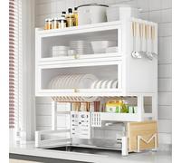 GUAWJRZDP 3-tier Dish Drying Rack, Large Over the Sink Dish Drying Rack, Dishware Drain Rack with Flip-top Door, Kitchen Counter Utensil Holder Organizers, Space-Saving(White,L85cm/33.4in)